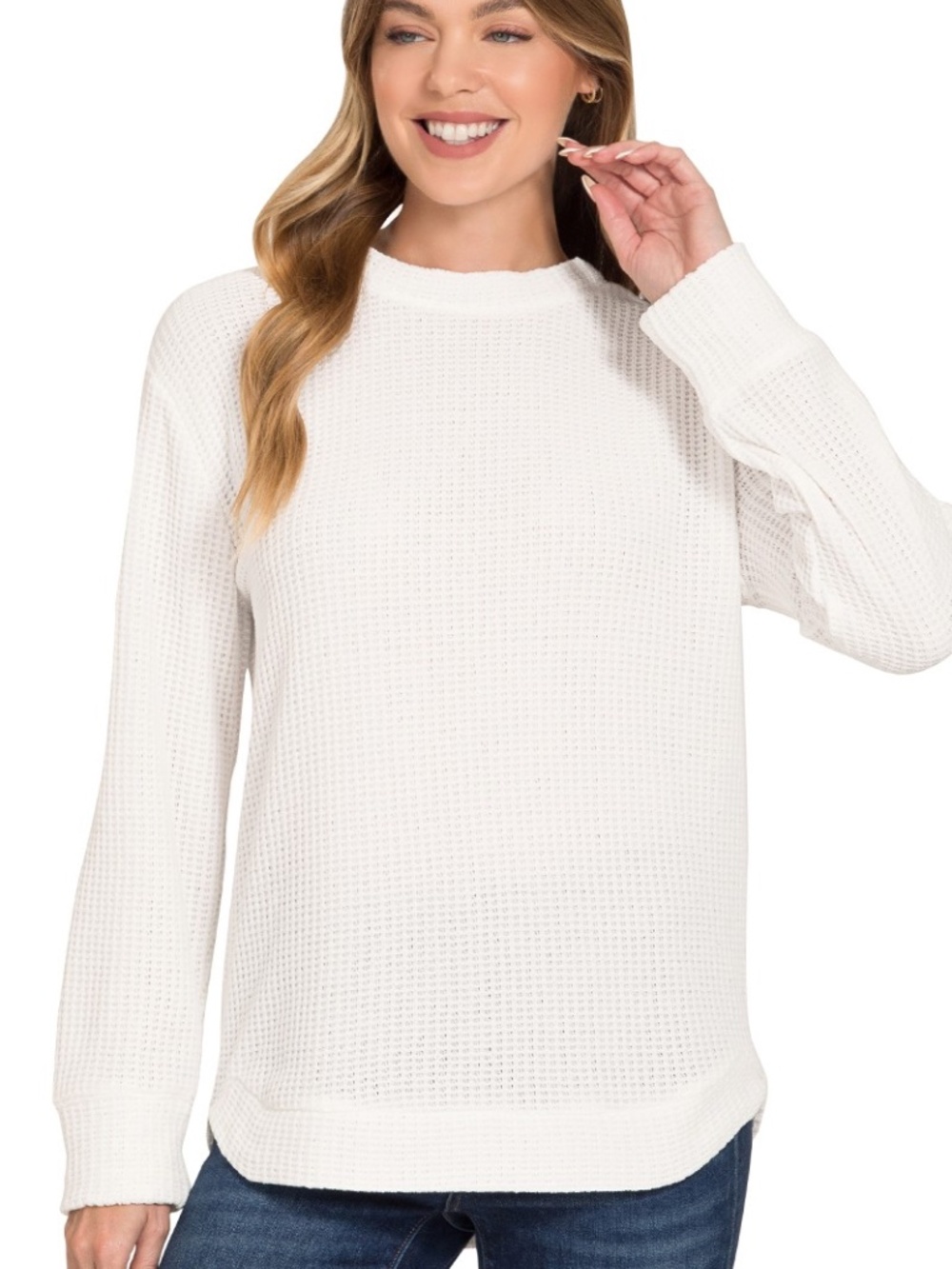 986. WHITE WOMEN'S Chenille Waffle Round Neck Sweater